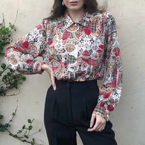 mixed printed plaid long sleeve vintage blouse